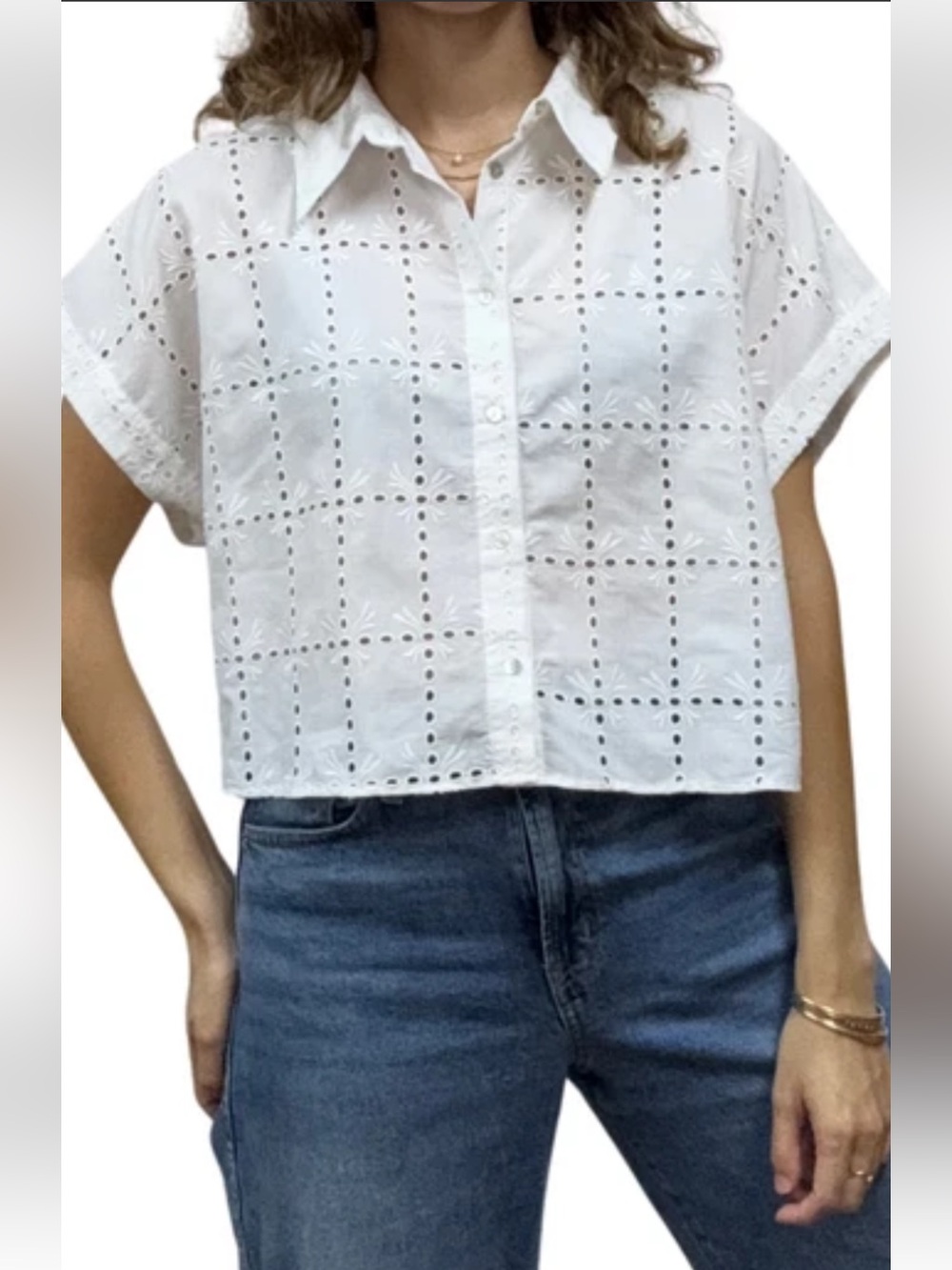 Vigoss top blouse white eyelet embroidered cottagecore button up boxy women m